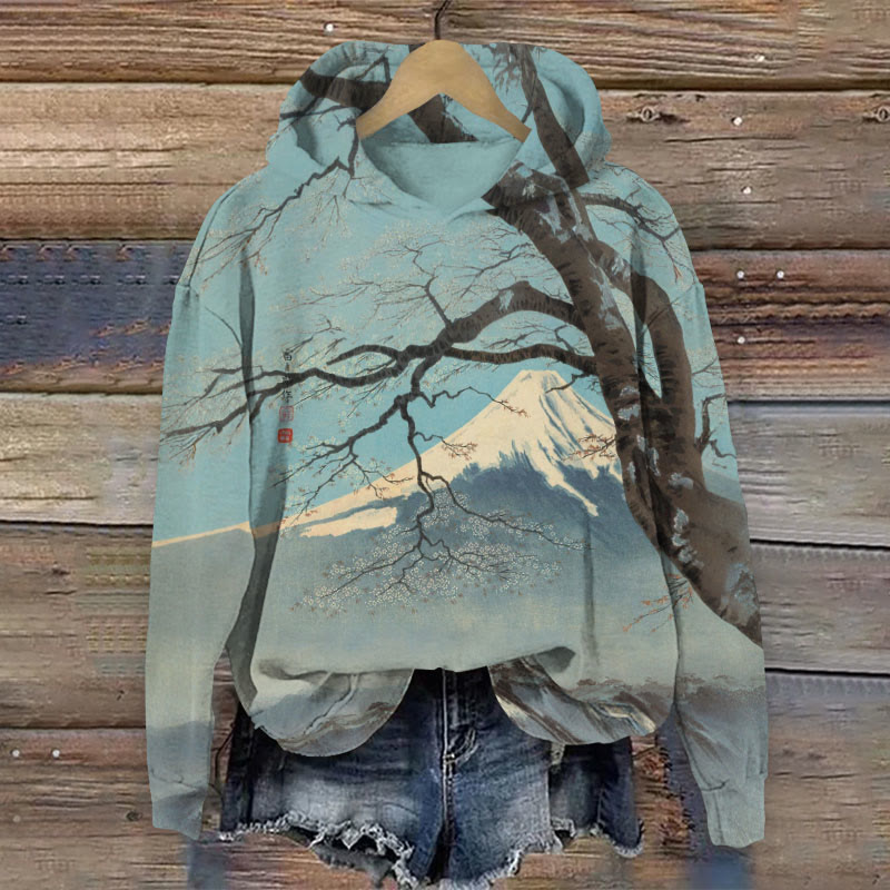 Women's Japanese Mountains And Flowers Print Hoodie - Blue - 8XL - image 1