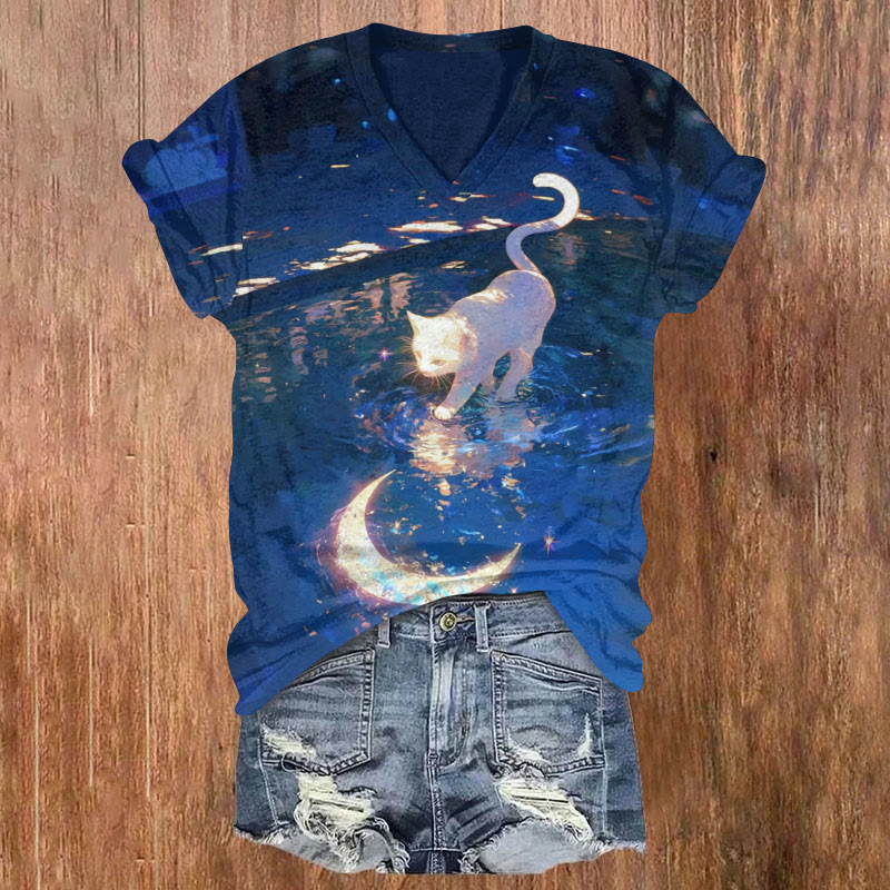 Fantasy Cat Catching The Moon Print V-neck T-shirt - Dark Blue - 5XL - image 1