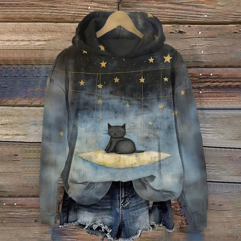 Starry Black Cat Print Hoodie - Black - 8XL - image 1