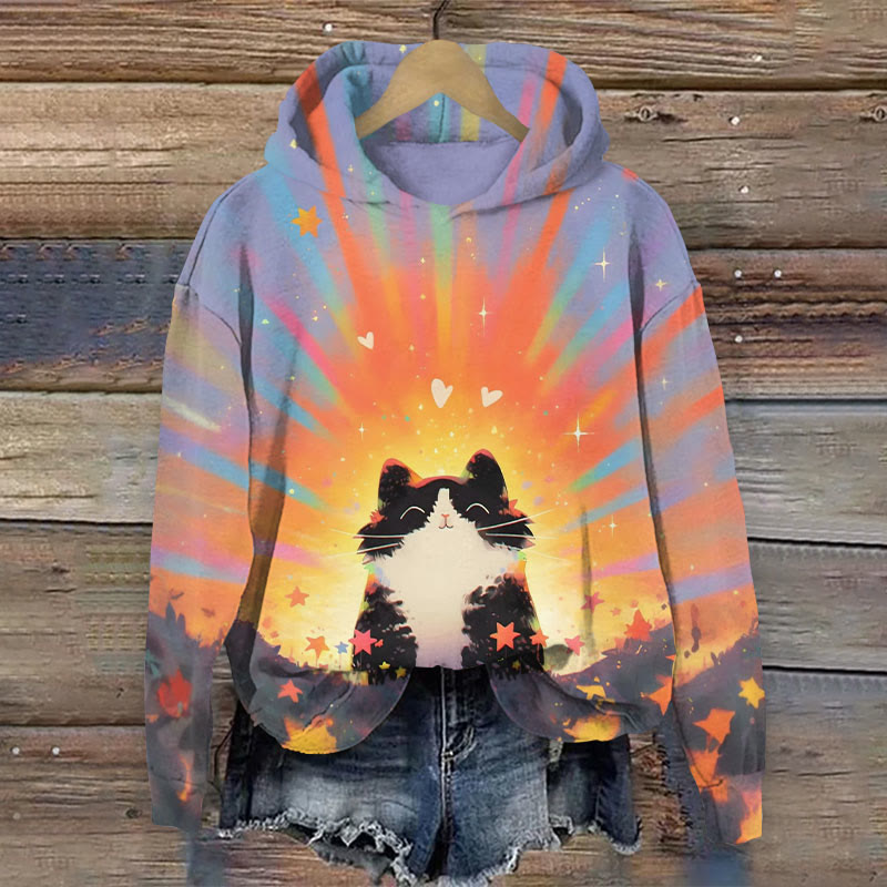 Colorful Sunny Cat Print Hoodie - Purple - 8XL - image 1