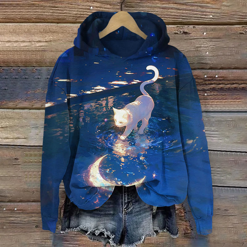 Fantasy Cat Catching The Moon Print Hoodie - Dark Blue - 8XL - image 1