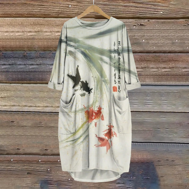 Two Goldfish And One Black Fish Ink Painting Art Print Crew Neck Casual Dress - Apricot - 8XL - image 1