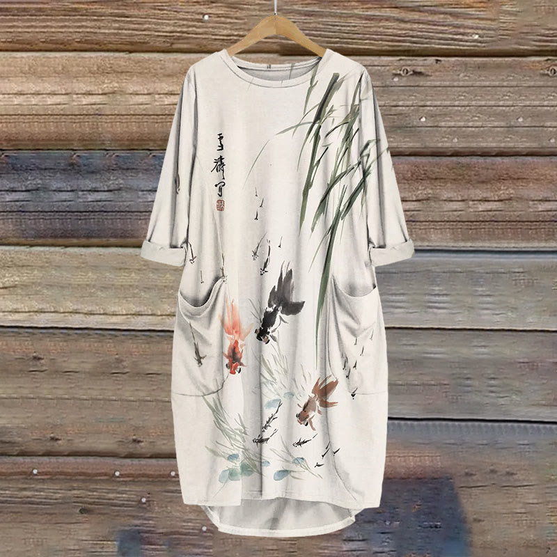 Cute Goldfish Ink Painting Art Print Crew Neck Casual Dress - Apricot - 8XL - image 1