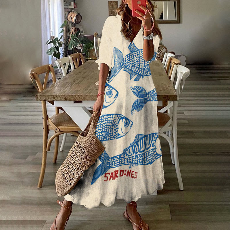Women's Casual Cute Sardines Art Print Short Sleeve V-neck Maxi Dress - Apricot - 6XL - image 1
