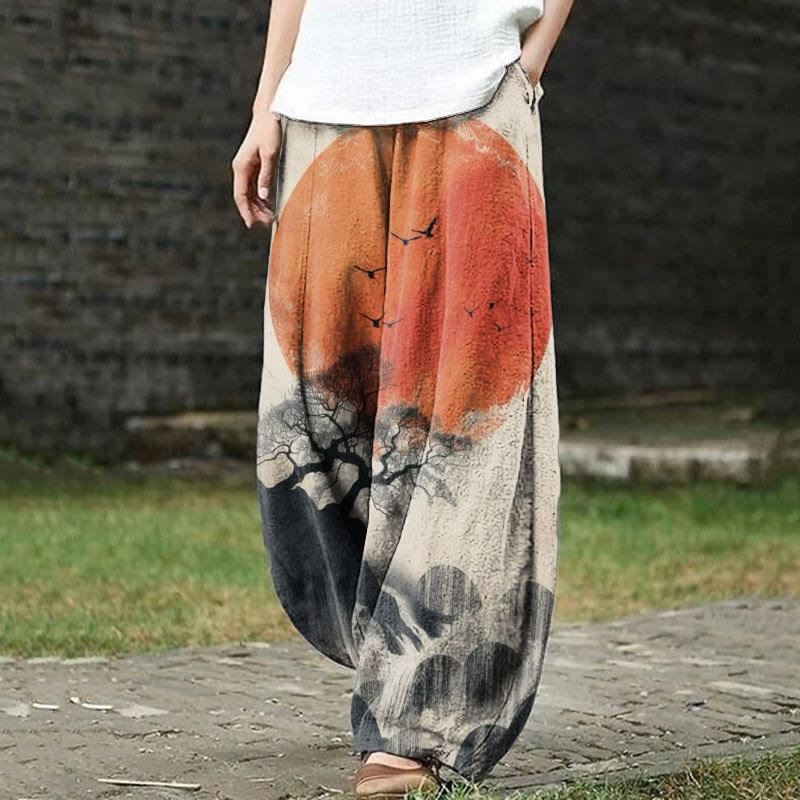 Retro Red Sun Pine Tree Landscape Ink Painting Print Casual Pants - Khaki - 5XL - image 1