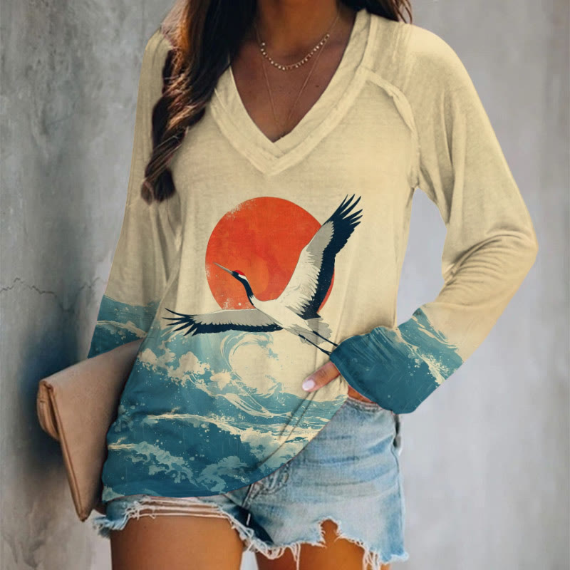 Retro Sunrise Waves Crane Print V-neck Long Sleeve T-shirt - Apricot - 5XL - image 1
