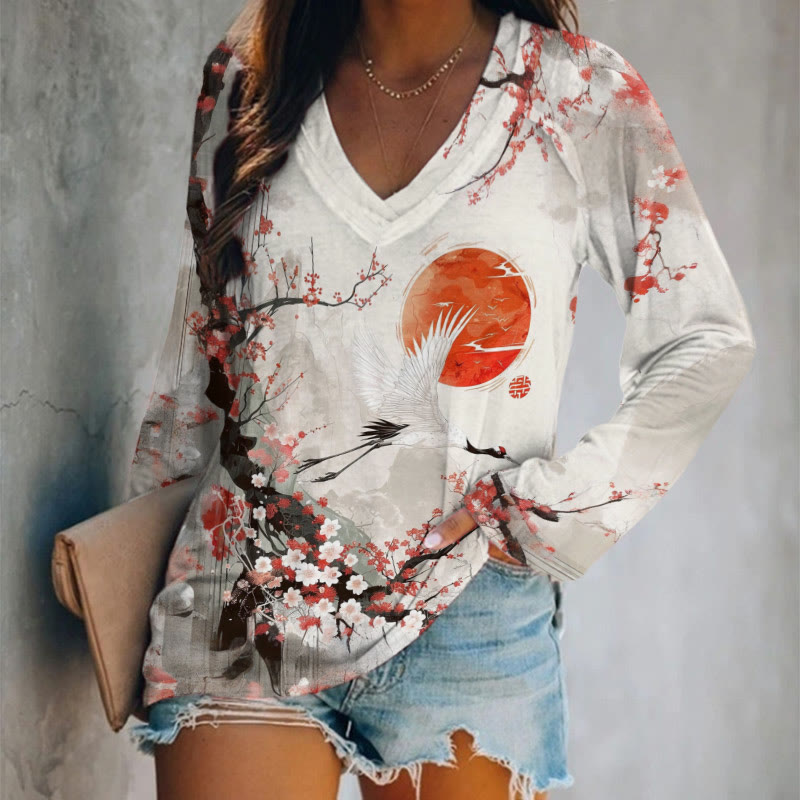 Vintage Plum Blossom And Crane Landscape Art Print V-neck Long Sleeve T-shirt - Beige - 5XL - image 1