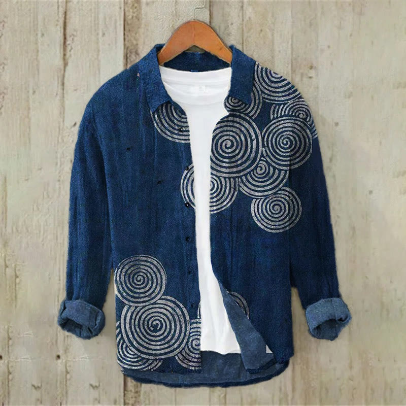 Men's Sea Waves Ripples Japanese Lino Art Print Casual Long Sleeve Lapel Shirt - Navy Blue - 5XL - image 1