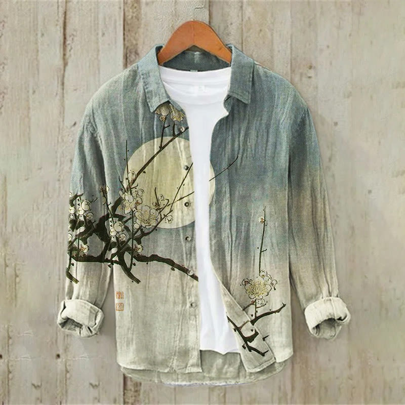 Men's Plum Blossom Full Moon Night Gradient Japanese Art Print Casual Long Sleeve Lapel Shirt - Blue - 5XL - image 1