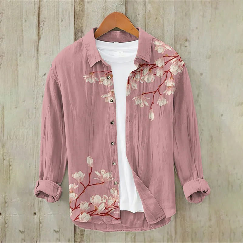 Men's Vintage Japanese Floral Art Print Casual Long Sleeve Lapel Shirt - Pink - 5XL - image 2