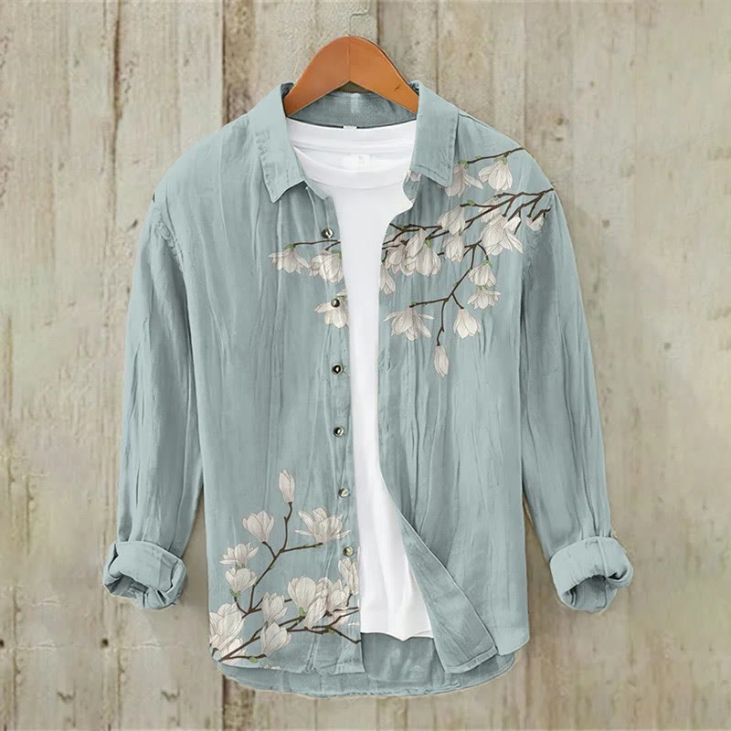 Men's Vintage Japanese Floral Art Print Casual Long Sleeve Lapel Shirt - Blue - 5XL - image 1