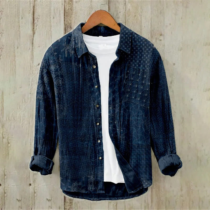 Japanese Traditional Sashiko Art Print Casual Long Sleeve Lapel Shirt - Navy Blue - 5XL - image 1