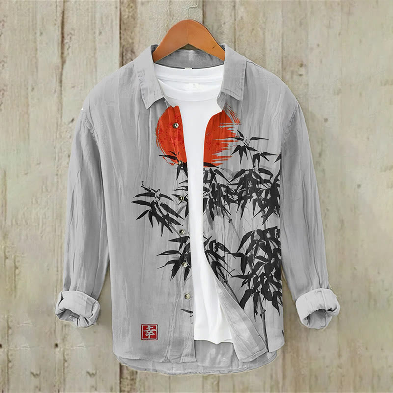 Japanese Bamboo Forest And Red Sun Art Print Casual Long Sleeve Lapel Shirt - Grey - 5XL - image 2