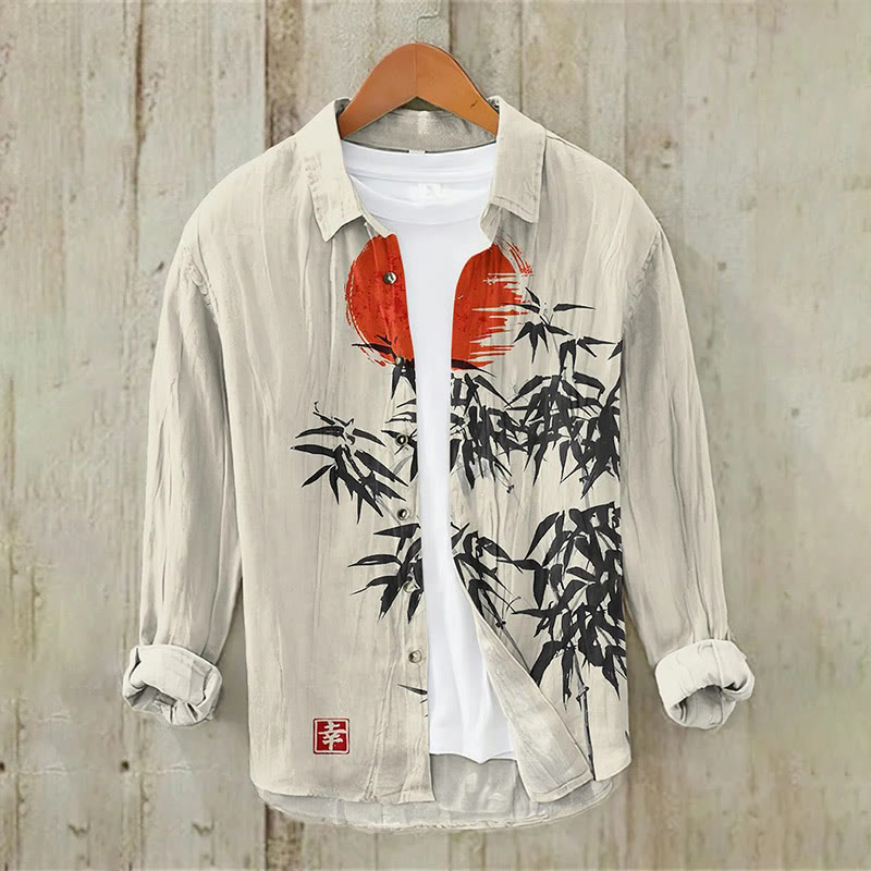 Japanese Bamboo Forest And Red Sun Art Print Casual Long Sleeve Lapel Shirt - Beige - 5XL - image 1