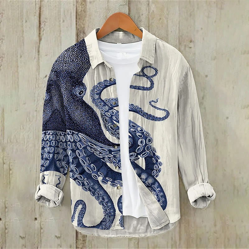 Japanese Art Octopus Print Casual Long Sleeve Lapel Shirt - Beige - 5XL - image 1