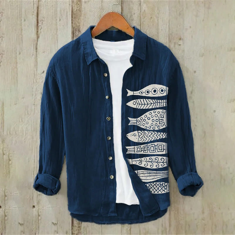Fish Japanese Lino Art Print Casual Long Sleeve Lapel Shirt - Navy Blue - 5XL - image 1