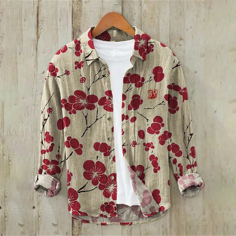 Cherry Blossom Japanese Lino Art Print Casual Long Sleeve Lapel Shirt - Red - 5XL - image 2