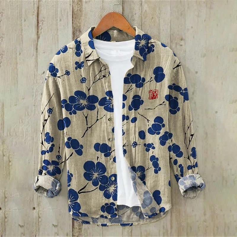 Cherry Blossom Japanese Lino Art Print Casual Long Sleeve Lapel Shirt - Blue - 5XL - image 1
