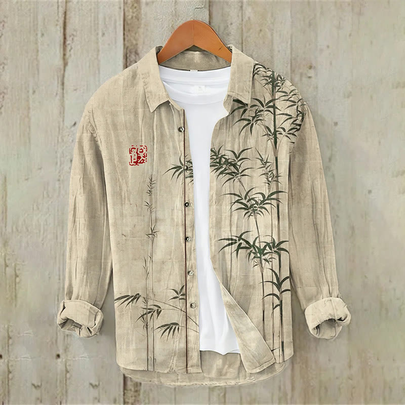 Bamboo Japanese Art Print Casual Long Sleeve Lapel Shirt - Beige - 5XL - image 2