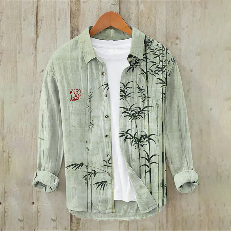 Bamboo Japanese Art Print Casual Long Sleeve Lapel Shirt - Green - 5XL - image 1