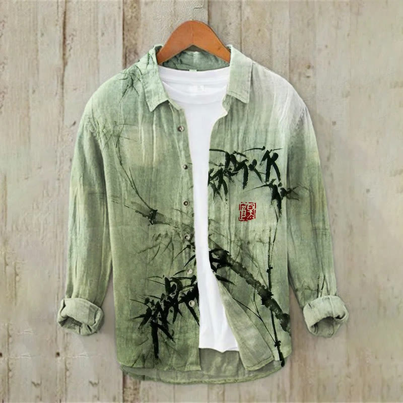 Men's Bamboo Forest Full Moon Night Japanese Art Print Casual Long Sleeve Lapel Shirt - Green - 5XL - image 1