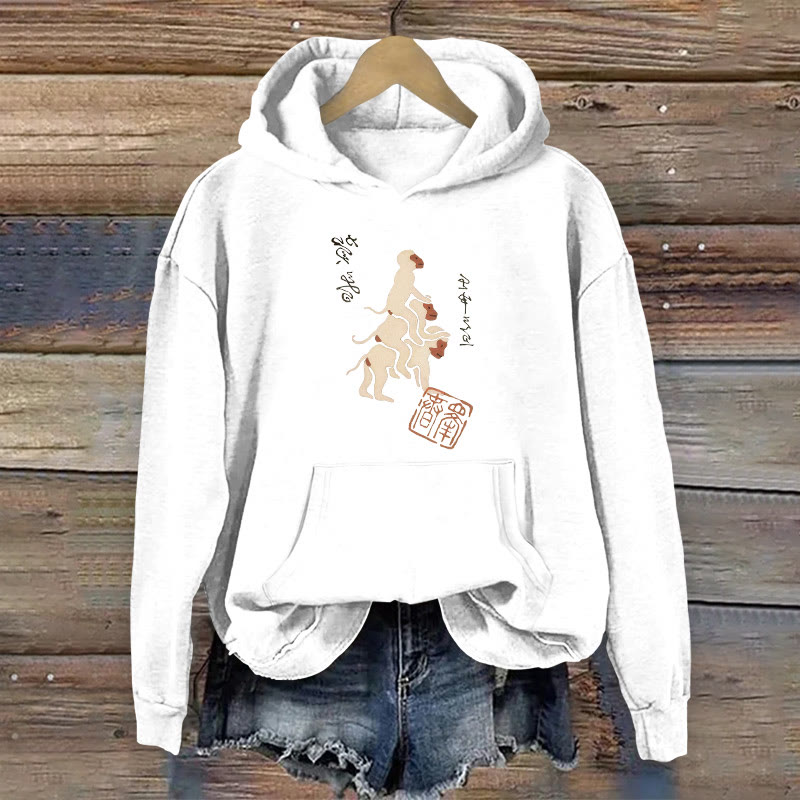 100% Cotton Japanese Art Vintage Monkey Print Women's Hoodie - White - 2XL - image 2