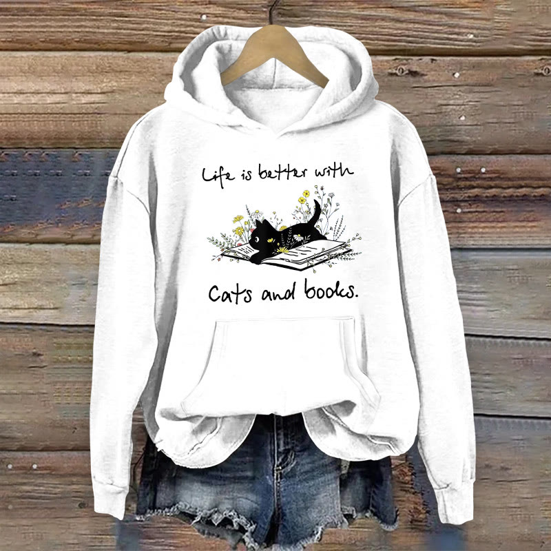 100% Cotton Cute Cats And Books Print Women's Hoodie - White - 2XL - image 2