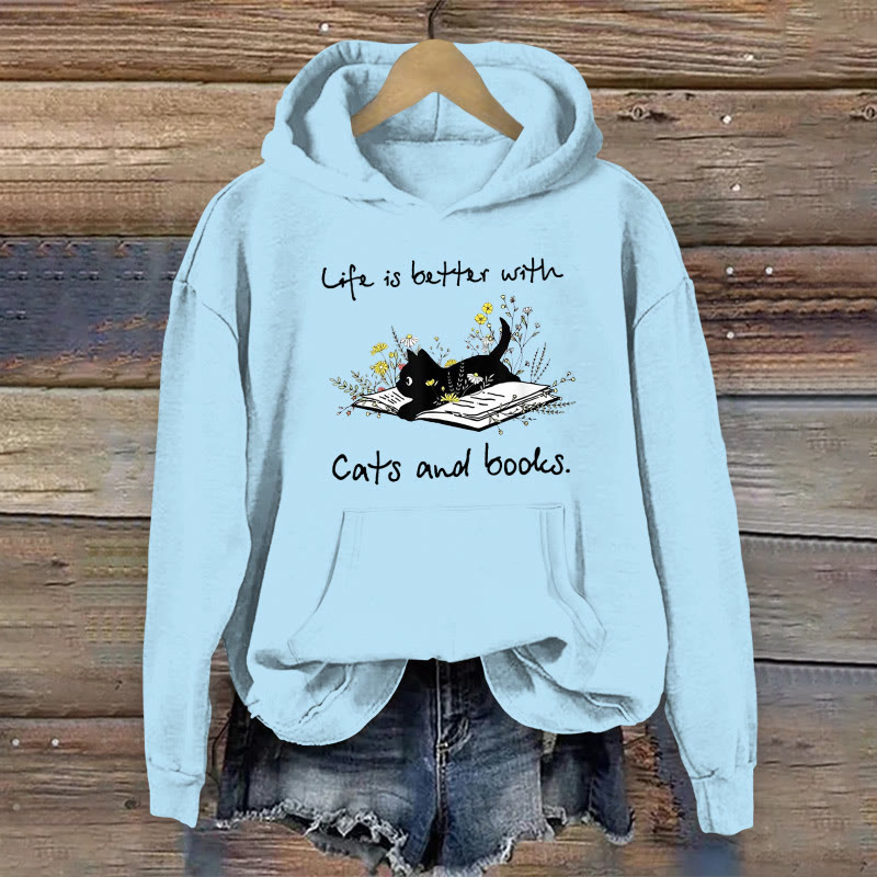 100% Cotton Cute Cats And Books Print Women's Hoodie - Light Blue - 2XL - image 1