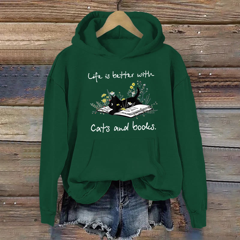 100% Cotton Cute Cats And Books Print Women's Hoodie - Green - 2XL - image 7