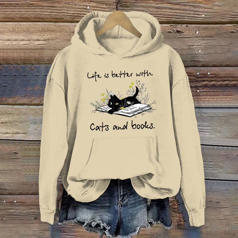 100% Cotton Cute Cats And Books Print Women's Hoodie - Khaki - 2XL - image 6