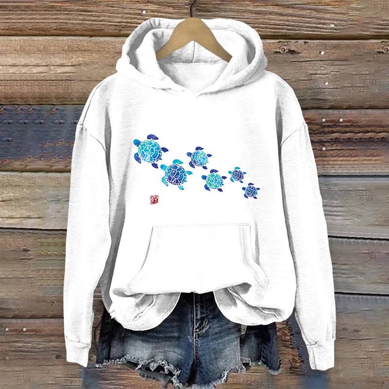 100% Cotton Cute Sea Turtle Print Women's Hoodie - White - 2XL - image 1