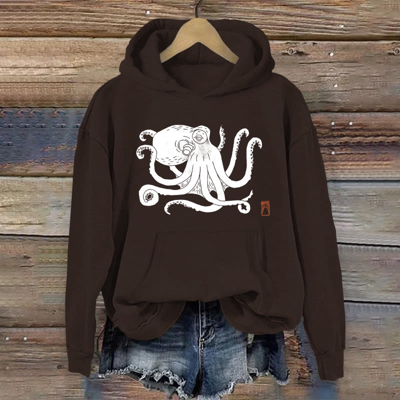 100% Cotton Octopus Print Women's Hoodie - Coffee - 2XL - image 2