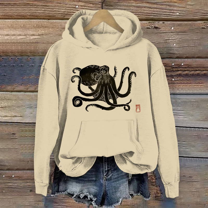 100% Cotton Octopus Print Women's Hoodie - Khaki - 2XL - image 1