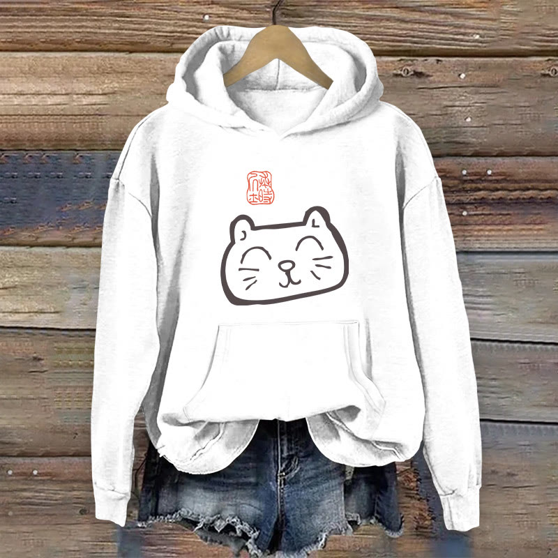 100% Cotton Japanese Cat Print Women's Hoodie - White - 2XL - image 2