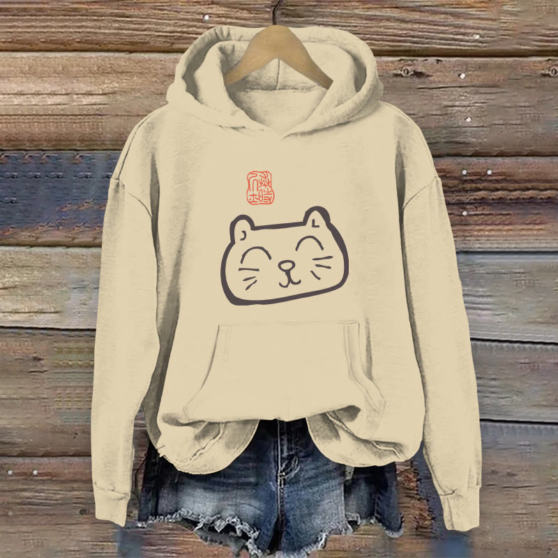 100% Cotton Japanese Cat Print Women's Hoodie - Khaki - 2XL - image 1
