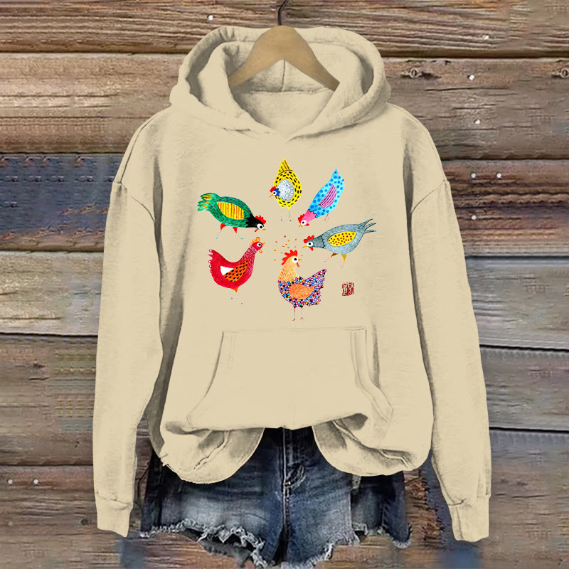 100% Cotton Watercolor Chicken Print Women's Hoodie - Khaki - 2XL - image 1
