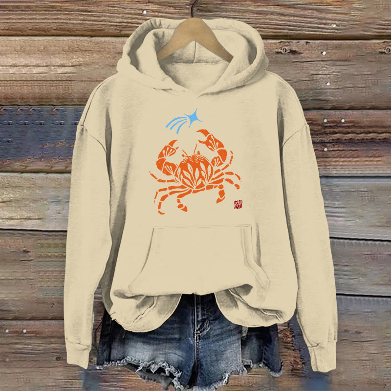 100% Cotton Cute Floral Crab Print Women's Hoodie - Khaki - 2XL - image 1