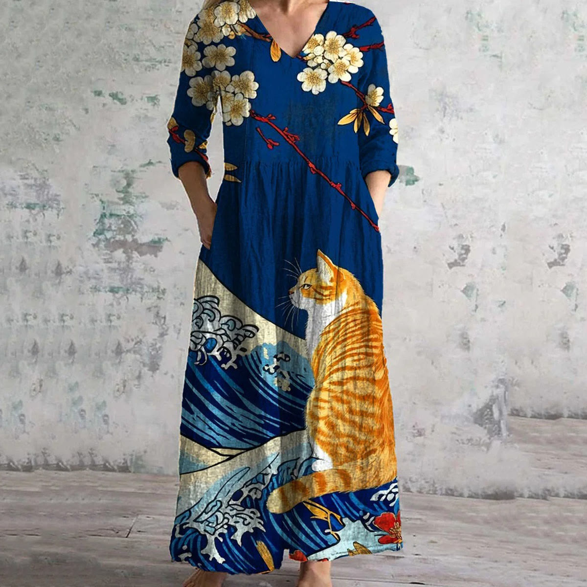 Vintage Art Cat Print Chic V-Neck Elegant Midi Dress - Blue - 6XL - image 1