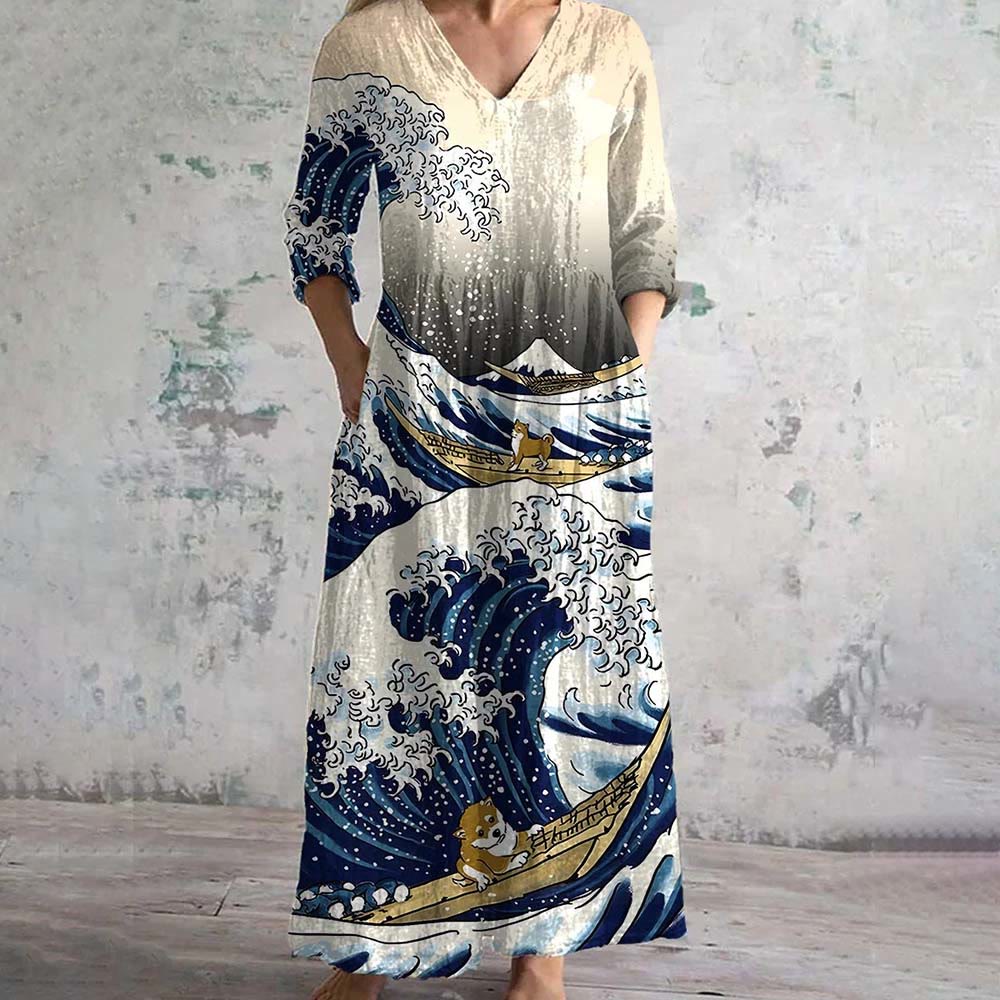 Vintage Blue Big Wave And Cat Art Print Chic V-Neck Elegant Midi Dress - Blue - 6XL - image 1