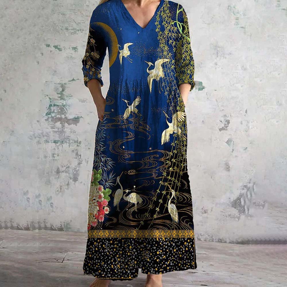 Crane Oil Painting Art Chic V-Neck Elegant Midi Dress - Blue - 6XL - image 1