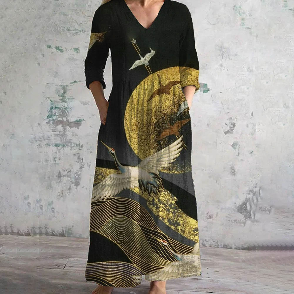 Vintage Crane Oil Painting Art Chic V-Neck Elegant Midi Dress - Yellow - 6XL - image 1