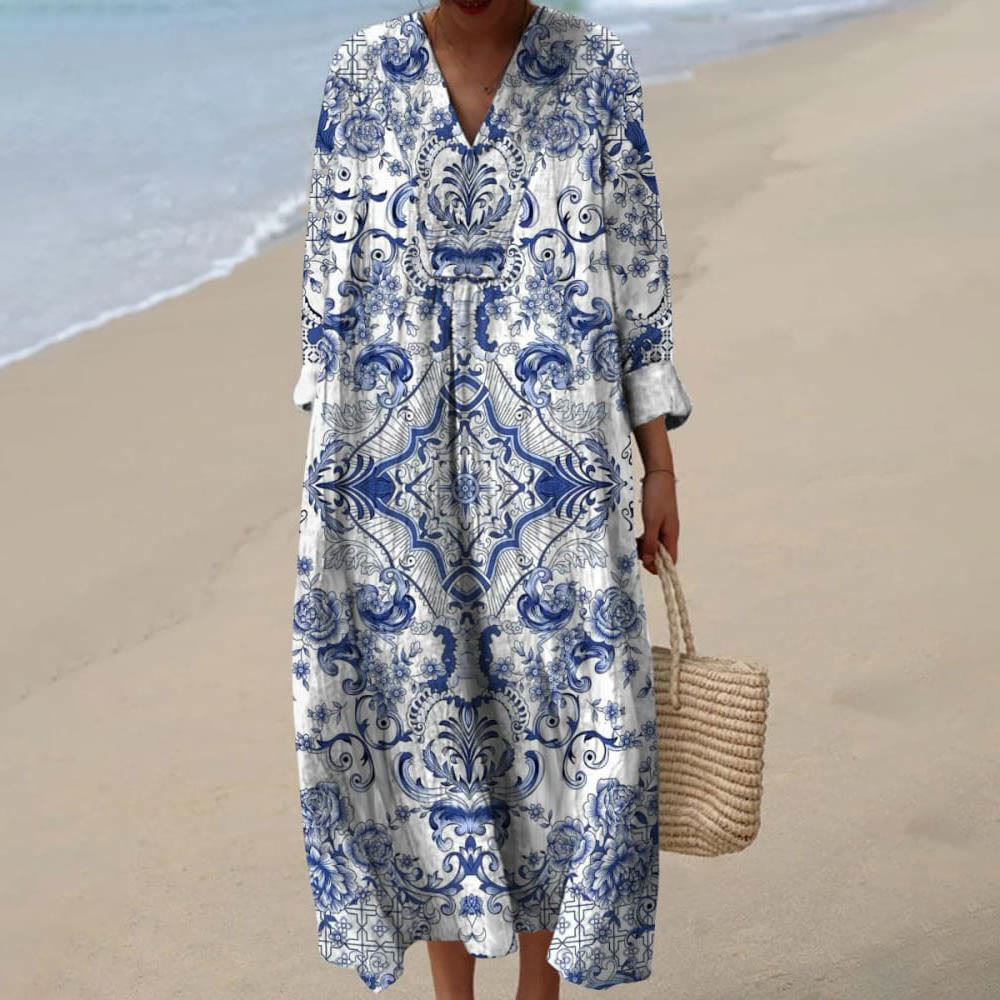 Retro Floral Print V-Neck Elegant Long Sleeve Midi Dress - Blue - 6XL - image 1