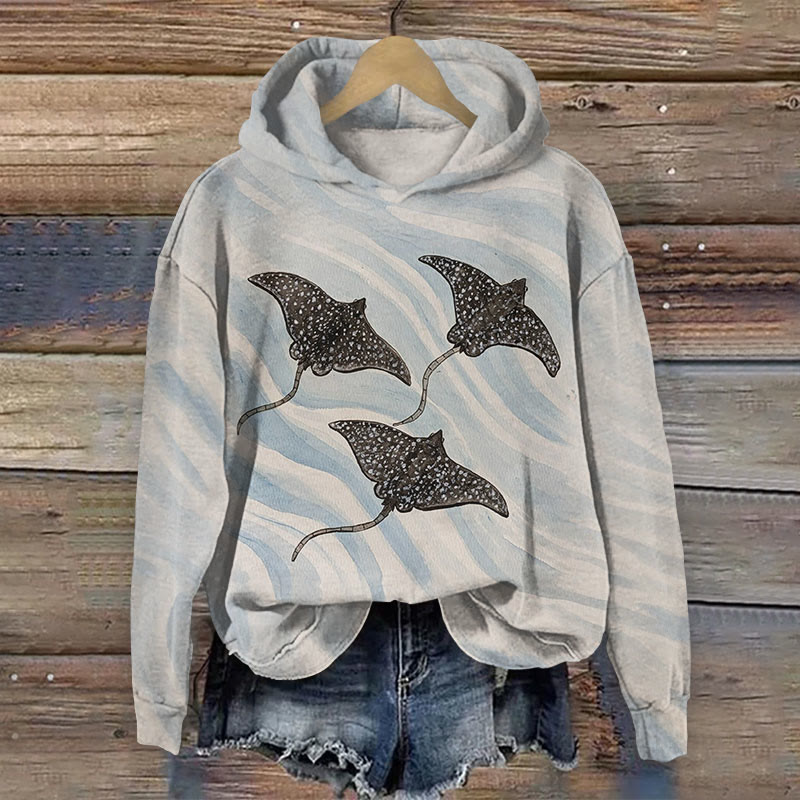 Abstract Wave Spotted Eagle Ray Friends Art Print Long Sleeve Hoodie - Grey - 8XL - image 1