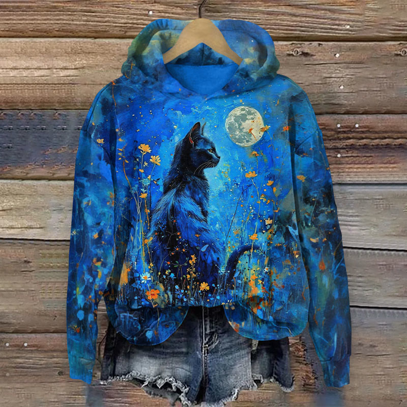 Cat In The Moonlight Art Print Long Sleeve Hoodie - Dark Blue - 8XL - image 1