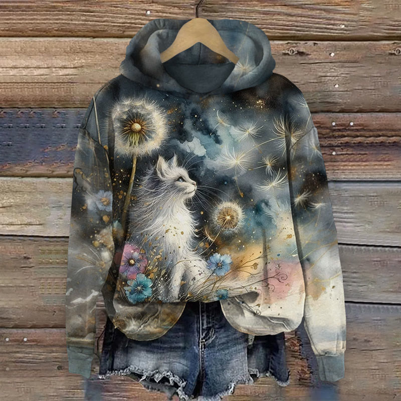 Fantasy Dandelion Cat Art print Long Sleeve Hoodie - Dark Grey - 8XL - image 1