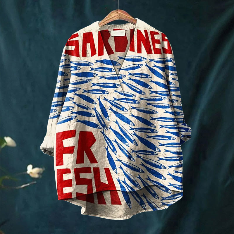 Vintage Fish Sardines Art Printed Casual V-neck Shirt - image 2