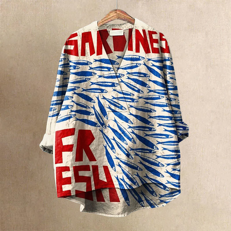 Vintage Fish Sardines Art Printed Casual V-neck Shirt - Beige - 6XL - image 1