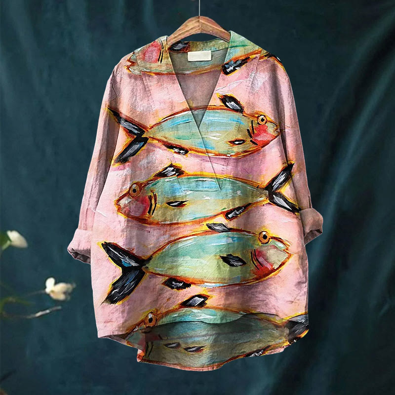 Vintage Fish Art Printed Casual V-neck Shirt - image 2