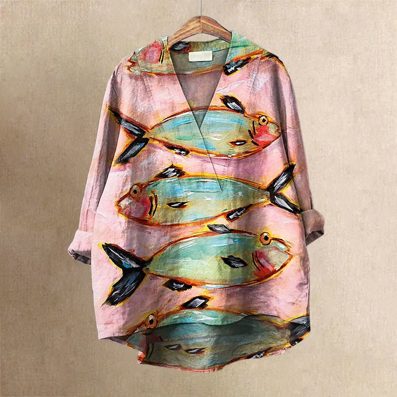 Vintage Fish Art Printed Casual V-neck Shirt - Pink - 6XL - image 1