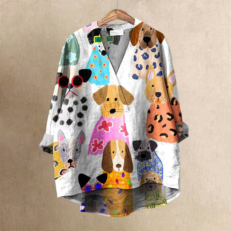 Colorful Fun Cartoon Puppy Printed Casual V-neck Shirt - White - 6XL - image 1